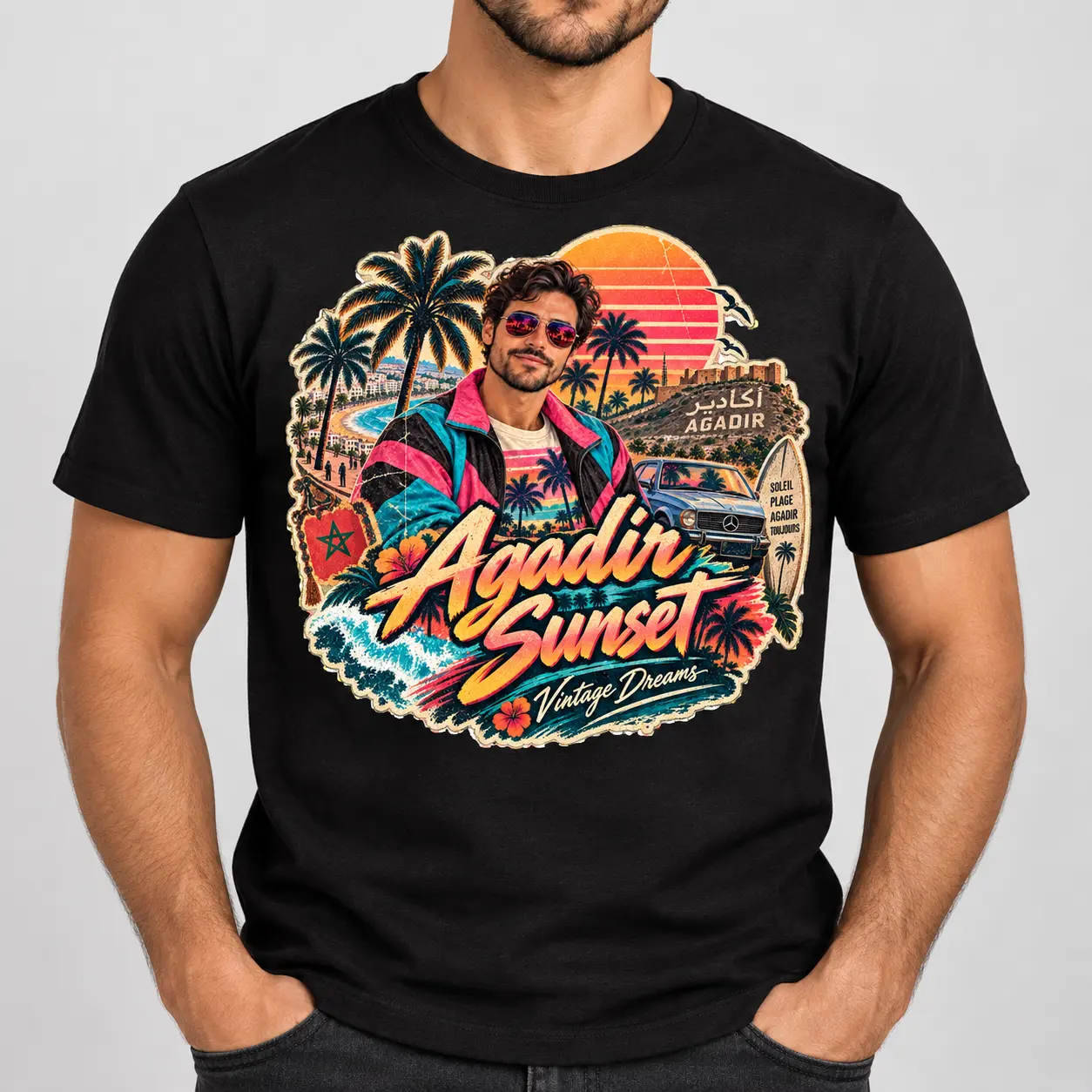 T-shirt personnalisé noir style années 80 avec portrait et ville d’Agadir