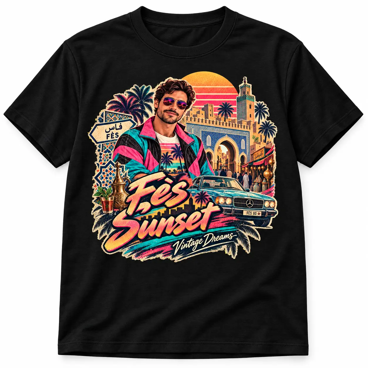 T-shirt personnalisé noir style années 80 avec portrait et ville de Fès