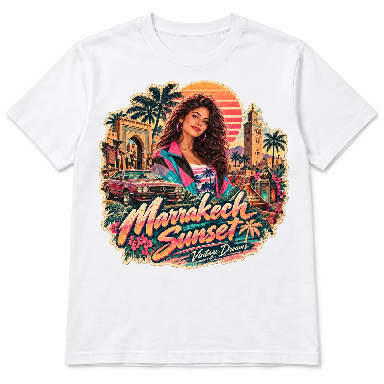 T-shirt personnalisé blanc style années 80 avec portrait féminin et ville de Marrakech