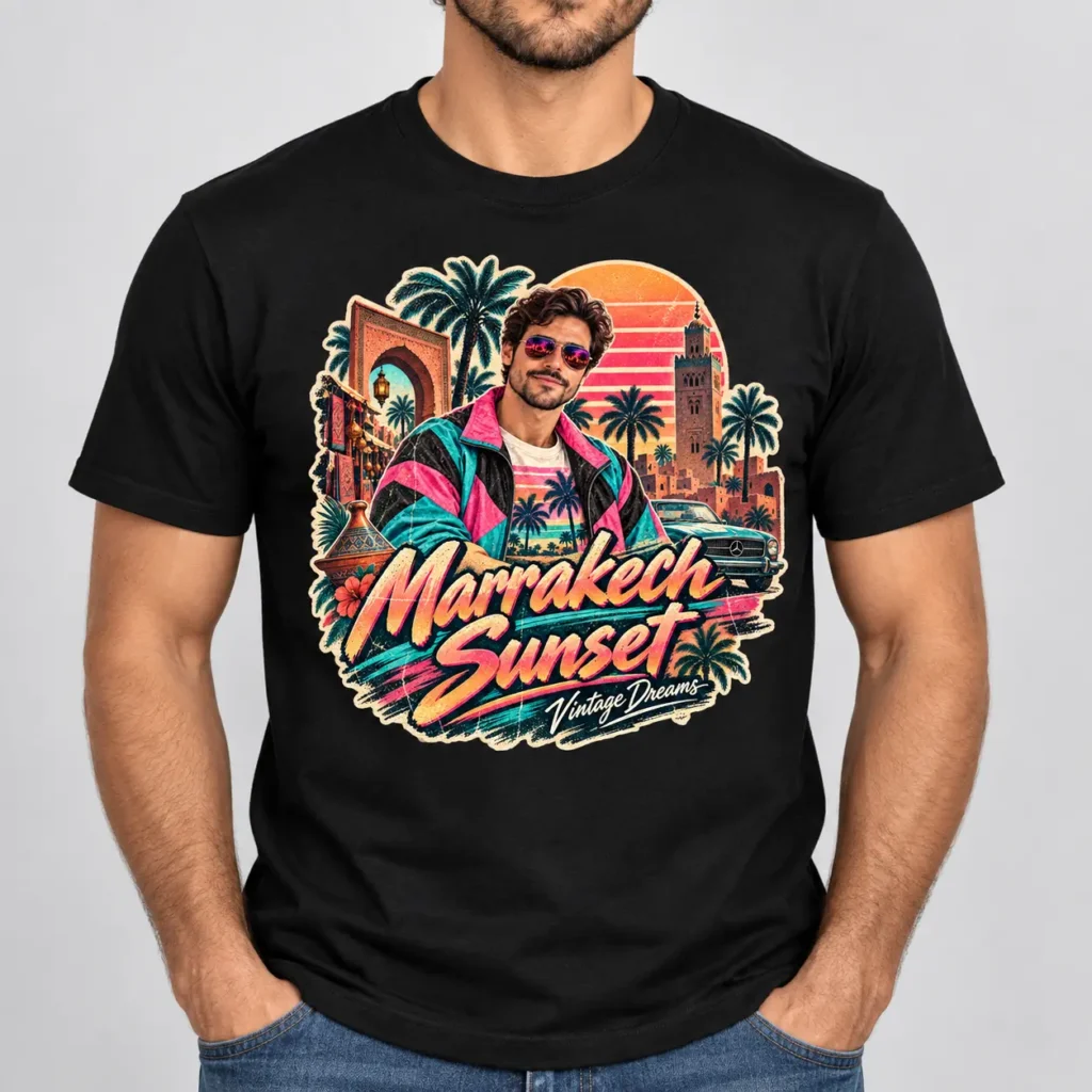 T-shirt personnalisé noir style années 80 avec portrait et ville de Marrakech