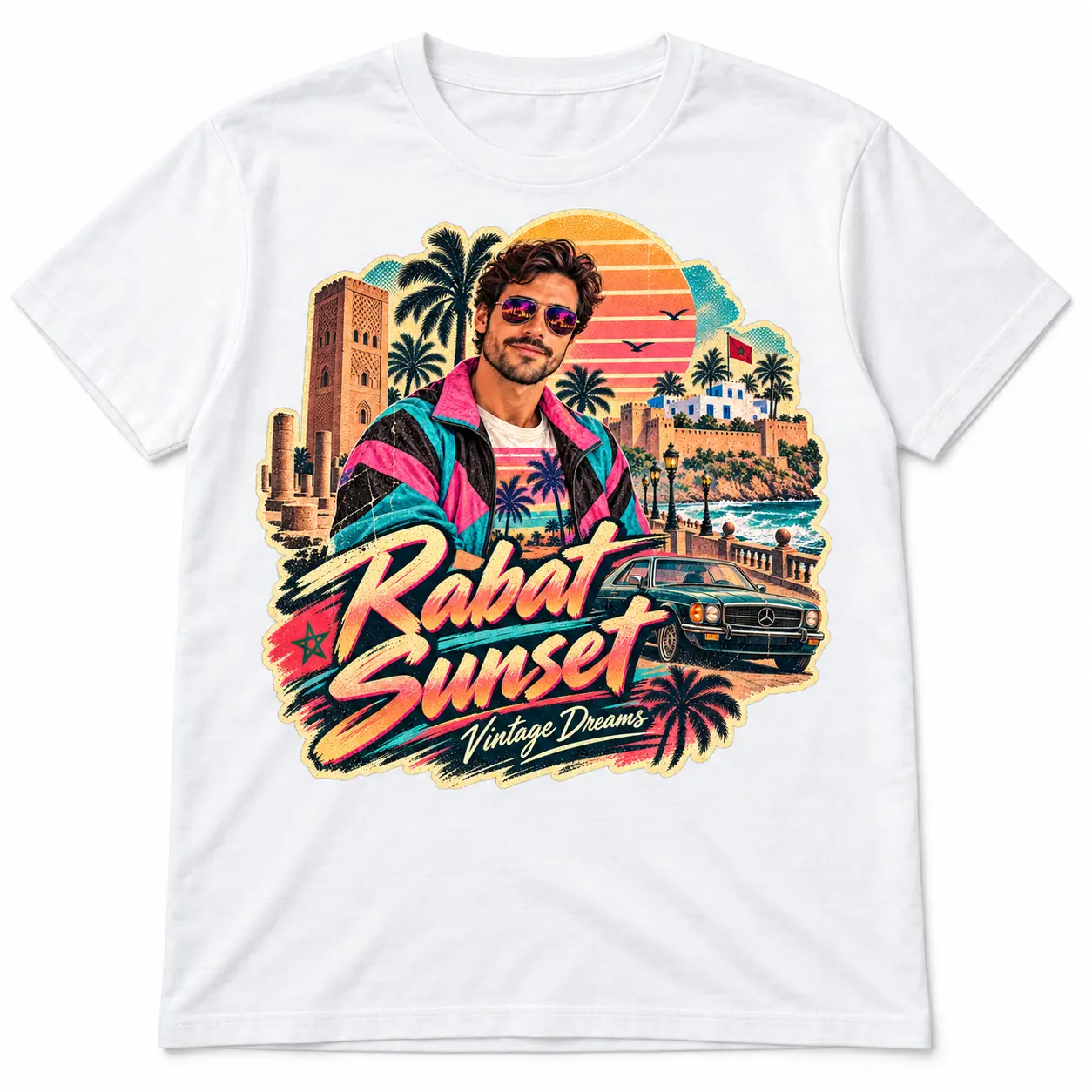 T-shirt personnalisé blanc style années 80 avec portrait et ville de Rabat