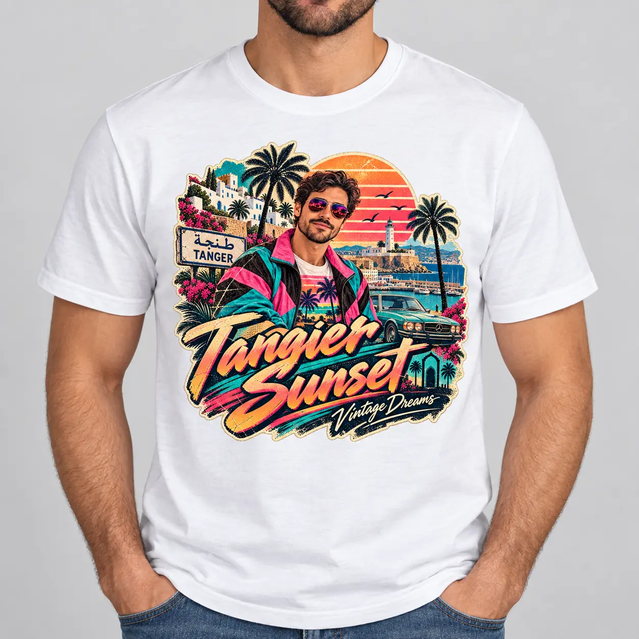 T-shirt personnalisé blanc style années 80 avec portrait et ville de Tanger