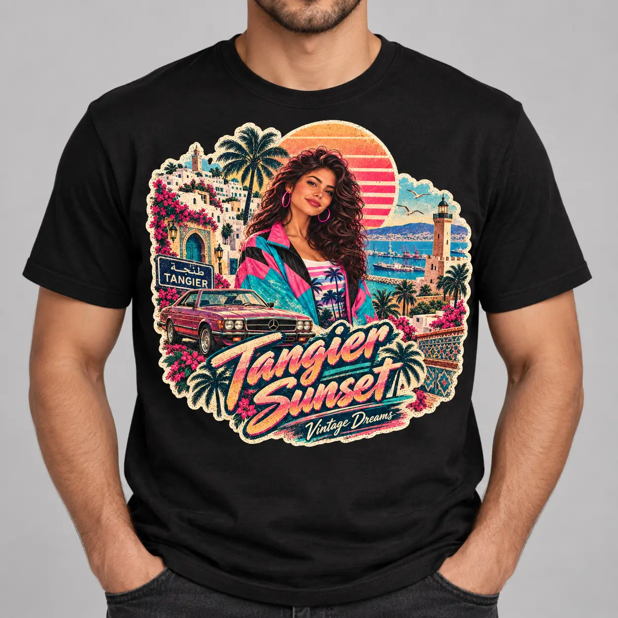 T-shirt personnalisé noir style années 80 avec portrait féminin et ville de Tanger